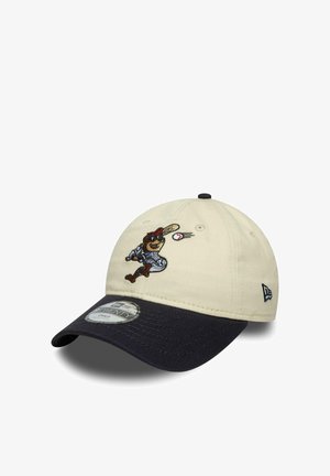 Cappellino da baseball beige e nero con coniglio dei cartoni animati ricamato che gioca a baseball e logo New Era sul lato.