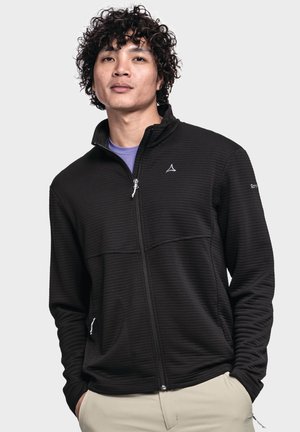 Black zip-up jacket with a textured, ribbed design. Features high collar, side pockets, and a logo on the chest and sleeve. Lightweight material.
