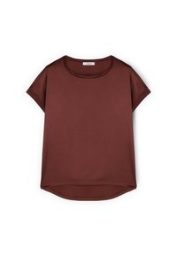 Brun kortärmad blus med rund hals och något böjd nederkant, tillverkad av slät tyg, liggande platt på vit bakgrund.