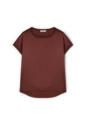 Blusa marrone a maniche corte con scollo rotondo e orlo leggermente curvo, realizzata in tessuto liscia, posata su uno sfondo bianco.