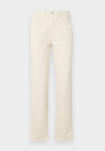 Beige cotton pants with a straight leg design, featuring a button closure and subtle front pockets. Hem has a slight fray detail.