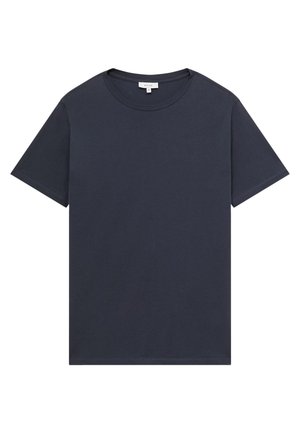 Mørk marineblå t-shirt med korte ærmer og rund hals, i medium størrelse, med et enkelt design og synlige syninger langs sømmene.
