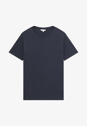 T-shirt blu navy scuro a maniche corte con collo girocollo, taglia media, con un design semplice e cuciture visibili lungo le cuciture.