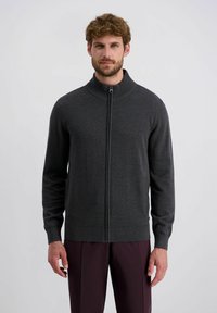 Donkergrijze zip-up trui met ribgebreide kraag en boorden, gemaakt van een zachte stof met een gladde textuur. Slim fit met zijzakken.