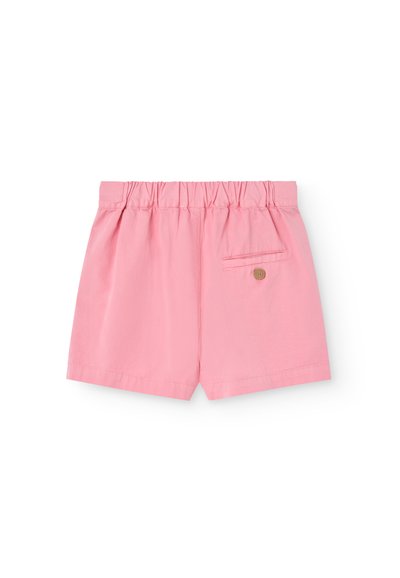 Rosa bomullsshorts med elastisk midja, med en bakficka och en dekorativ knapp. Slät textur, avslappnad design.