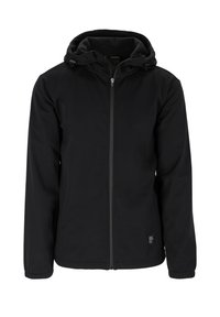 Schwarze Softshelljacke mit Kapuze, Reißverschluss, seitlichen Taschen, elastischen Bündchen und glatter Textur. Verfügt über ein Etikett mit dem Markenlogo am Saum.