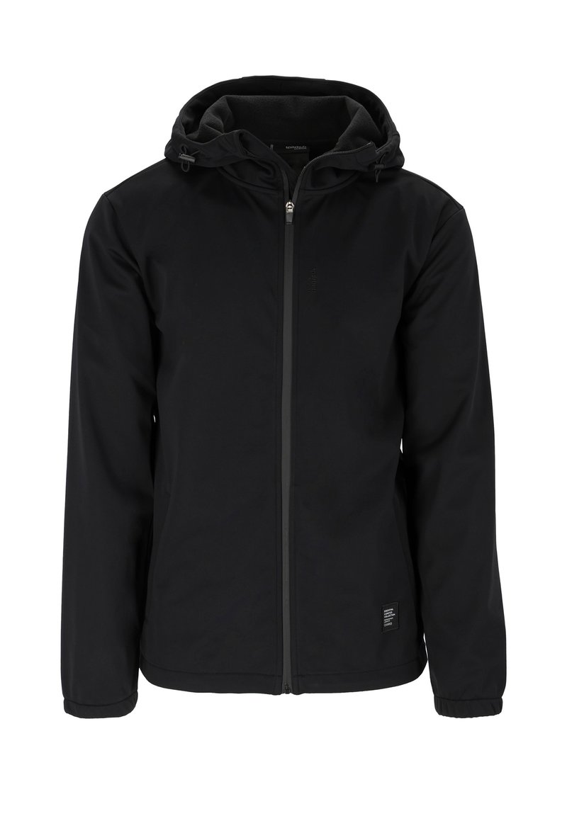 Schwarze Softshelljacke mit Kapuze, Reißverschluss, seitlichen Taschen, elastischen Bündchen und glatter Textur. Verfügt über ein Etikett mit dem Markenlogo am Saum.