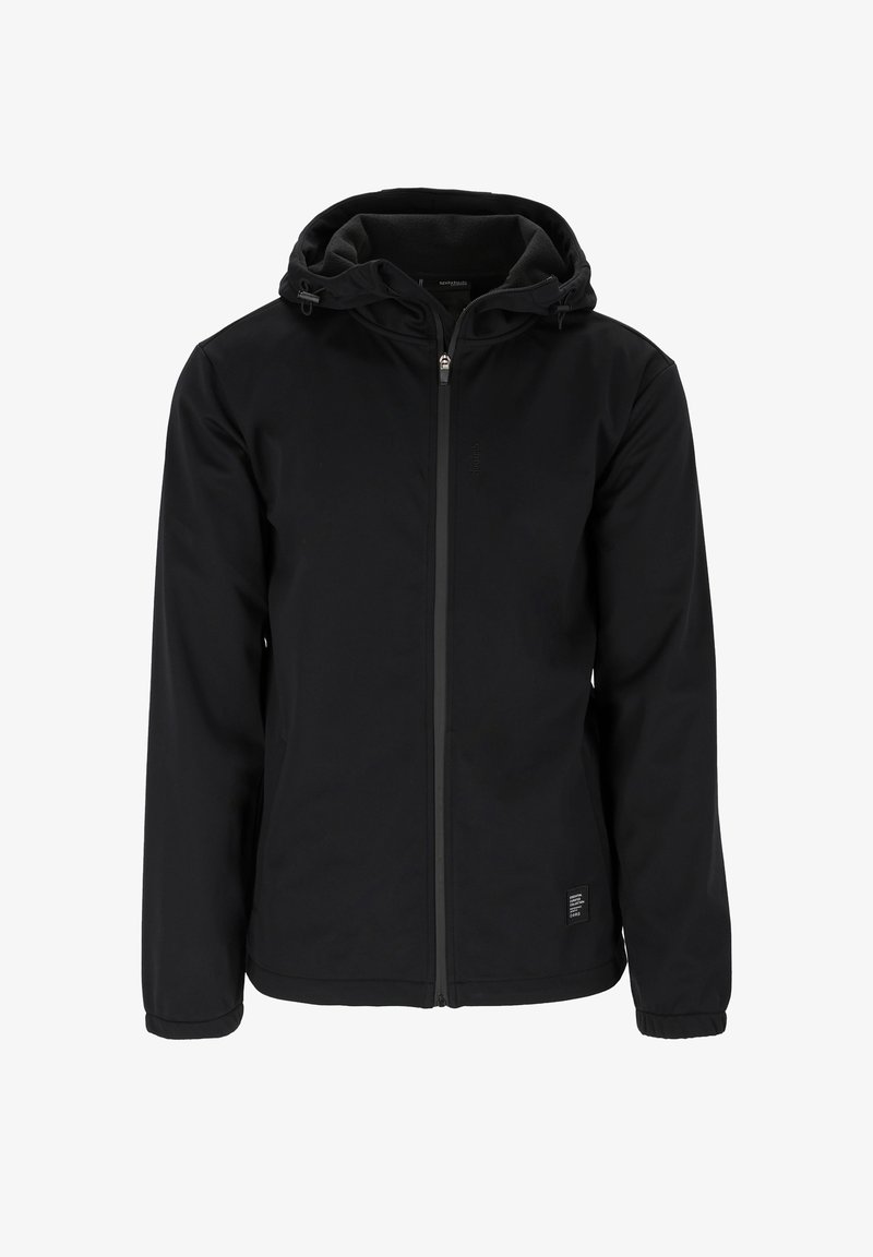 Schwarze Softshelljacke mit Kapuze, Reißverschluss, seitlichen Taschen, elastischen Bündchen und glatter Textur. Verfügt über ein Etikett mit dem Markenlogo am Saum.