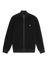 Schwarze Fleecejacke mit Reißverschluss, hohem Kragen und gerippten Bündchen. Verfügt über ein kleines gelbes, gesticktes Logo auf der linken Brust.