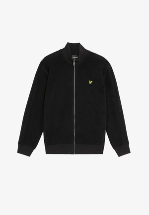 Schwarze Fleecejacke mit Reißverschluss, hohem Kragen und gerippten Bündchen. Verfügt über ein kleines gelbes, gesticktes Logo auf der linken Brust.