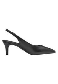 Décolleté nero in pelle con punta appuntita, tacco sottile e superficie liscia, caratterizzato da un design minimalista senza ulteriori decorazioni.