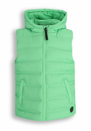Jasnozielona pikowana kamizelka bez rękawów z kapturem, zapinana na zamek z przodu, z bocznymi kieszeniami, przeznaczona do codziennego noszenia.