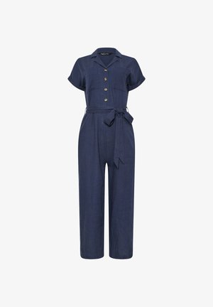 Mono corto de manga corta azul marino con botones en la parte delantera, cuello, bolsillos en el pecho, piernas anchas y cinturón atado a la cintura.
