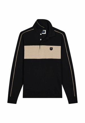 Polo shirt à manches longues noir et beige avec un col, une patte de boutonnage à trois boutons, des accents latéraux et un petit patch logo sur la poitrine.