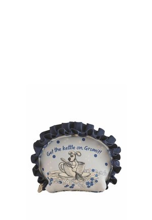 Tea cozy with ruffled blue edge, featuring a dog in a teacup illustration and the text "Get the kettle on, Gromit!" on a dotted background.
