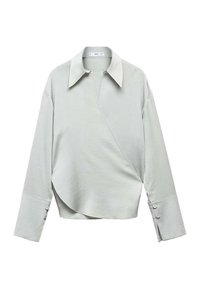 Top avvolgente grigio chiaro con colletto a punta, maniche lunghe e design incrociato. Presenta dettagli con bottoni sui polsini e una texture liscia.