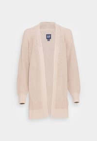 Cardigan en tricot rose clair à ouverture frontale, poignets côtelés, et détail en torsades. Texture douce, design décontracté, et coupe ample.