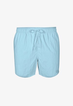 Svetlo modri kopalni kratki hlače z elastičnim pasom in vrvico. Narejene iz gladkega, rahlo teksturiranega blaga. Imajo logotip na robu.