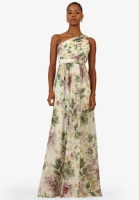 Blomster maxi kjole med asymmetrisk en skulder design i blød, gennemsigtig stof med lilla og gule blomstermønstre.