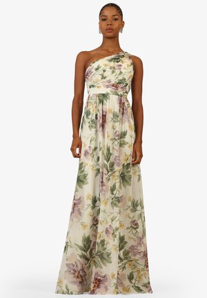 Floral maxi dress featuring an asymmetrical single shoulder design in soft, sheer fabric with purple and yellow flower patterns.