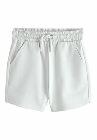 Weiße Sportshorts mit elastischem Bund und Kordelzug, ausgestattet mit zwei Seitentaschen und einer glatten, weichen Textur.