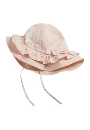 Lyserød baby solhat med blomsterbroderi, flæset skyggekant, lille sløjfe, hagesmæk og mærket "newbie" på siden.