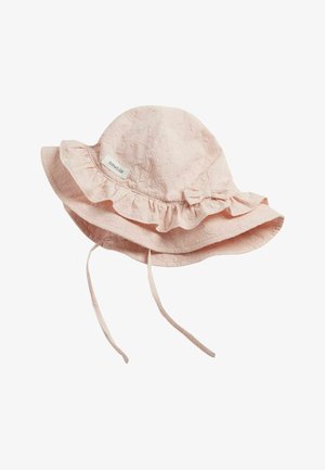 Hellrosa Baby-Sonnenhut mit floralem Stickmuster, gerafftem Rand, kleinem Schleifchen, Kinnbändern und Stoffetikett „newbie“ an der Seite.