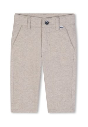 Shorts en laine beige pour enfants avec poches avant, passants de ceinture, un bouton noir et petite étiquette de la marque BOSS près de la ceinture.