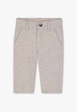 Shorts en laine beige pour enfants avec poches avant, passants de ceinture, un bouton noir et petite étiquette de la marque BOSS près de la ceinture.