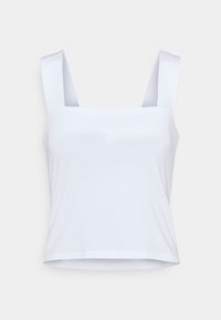 Witte katoenen crop top met brede schouderbanden en een vierkante halslijn. Zachte textuur met een eenvoudig, onversierd ontwerp.