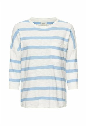 Long-sleeve white shirt with light blue horizontal stripes and a small chest pocket on the left side, crew neckline.