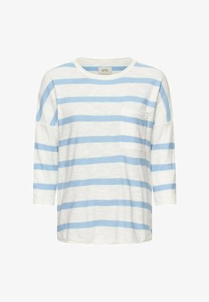 Long-sleeve white shirt with light blue horizontal stripes and a small chest pocket on the left side, crew neckline.