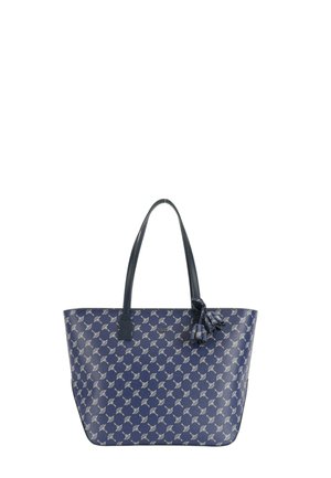 Marineblå tote bag lavet af tekstureret syntetisk materiale, med et gentagende hvidt mønster, dobbelte håndtag og en dekorativ kvast detalje.