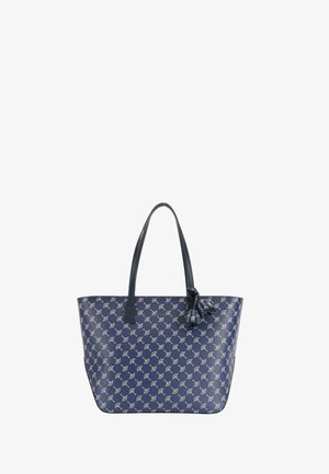 Borsa a tracolla blu realizzata in materiale sintetico texturizzato, con un motivo bianco ripetuto, manici doppi e un elemento decorativo a frange.