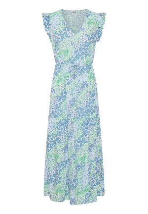 Cvetna maxi obleka v svetlo modri, zeleni in beli barvi. Ima V-izrez, nabran kratki rokav, pas na vrvico in plasten kroj.