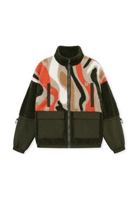 Chaqueta de forro polar con bloques de color abstractos en naranja, crema, marrón y verde. Presenta un cuello alto, cierre con cremallera y dos grandes bolsillos frontales.