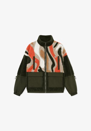 Fleece jacket with abstract color blocks in orange, cream, brown, and green. Features a high collar, zip closure, and two large front pockets.
