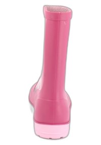 Botte en caoutchouc rose avec une finition lisse, tige haute, bout rond et semelle blanche. Intérieur texturé au bord supérieur.