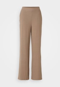 Beige wide-leg trousers made of a lightweight fabric. Features an elastic waistband and smooth texture with no patterns or accents.