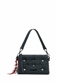 Graue Stoffhandtasche mit Reißverschluss, versehen mit metallischen Mickey-Mouse-Akzenten und roten Beschlägen. Inklusive abnehmbarem Tragegurt.