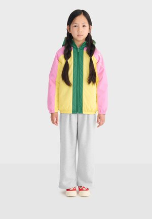 Jong meisje met lange vlechten, gekleed in een colorblock-jas met roze mouwen, een gele voorkant, een groene ritssluiting, grijze broek en rode sneakers.