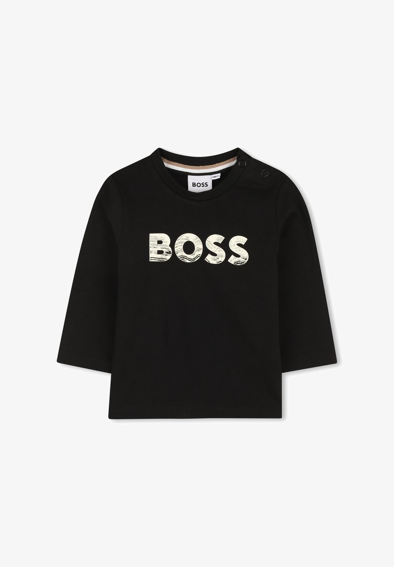 T-shirt de manga longa preta, feita de algodão, com um grande logótipo em relevo branco "BOSS". Dois botões de pressão no colarinho para facilitar a vestimenta.