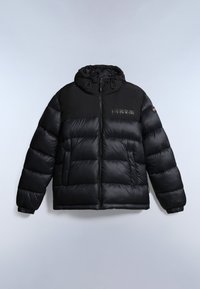 Sort pufferjakke med hætte, der har en glat nylon overflade, ribbede manchetter og en frontlynlås. Indeholder logo-detalje på brystet.
