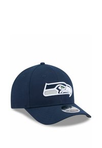 Dunkelblaues Baseballcap mit gebogenem Schirm, das auf der Vorderseite ein weißes und graues Seahawks-Logo mit einem grünen Auge zeigt.
