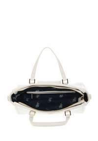 Sac à main en cuir blanc avec deux poignées, un dessus zippé et un intérieur bleu marine présentant un motif discret ainsi qu'une poche zippée supplémentaire.