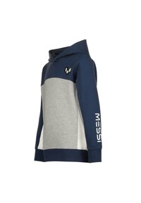 Felpa con cappuccio in navy e grigio, con tasca frontale, polsini a coste e testo "MESSI" lungo la manica sinistra. Materiale in felpa.