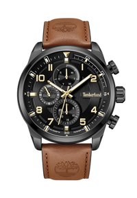 Montre chronographe Timberland avec boîtier en acier inoxydable noir, bracelet en cuir marron, cadran noir, accents dorés et plusieurs sous-cadrans.