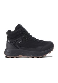 Black hiking boots with a synthetic upper, sturdy lace system, cushioned sole, and textured rubber tread for traction. Lightweight and durable.
