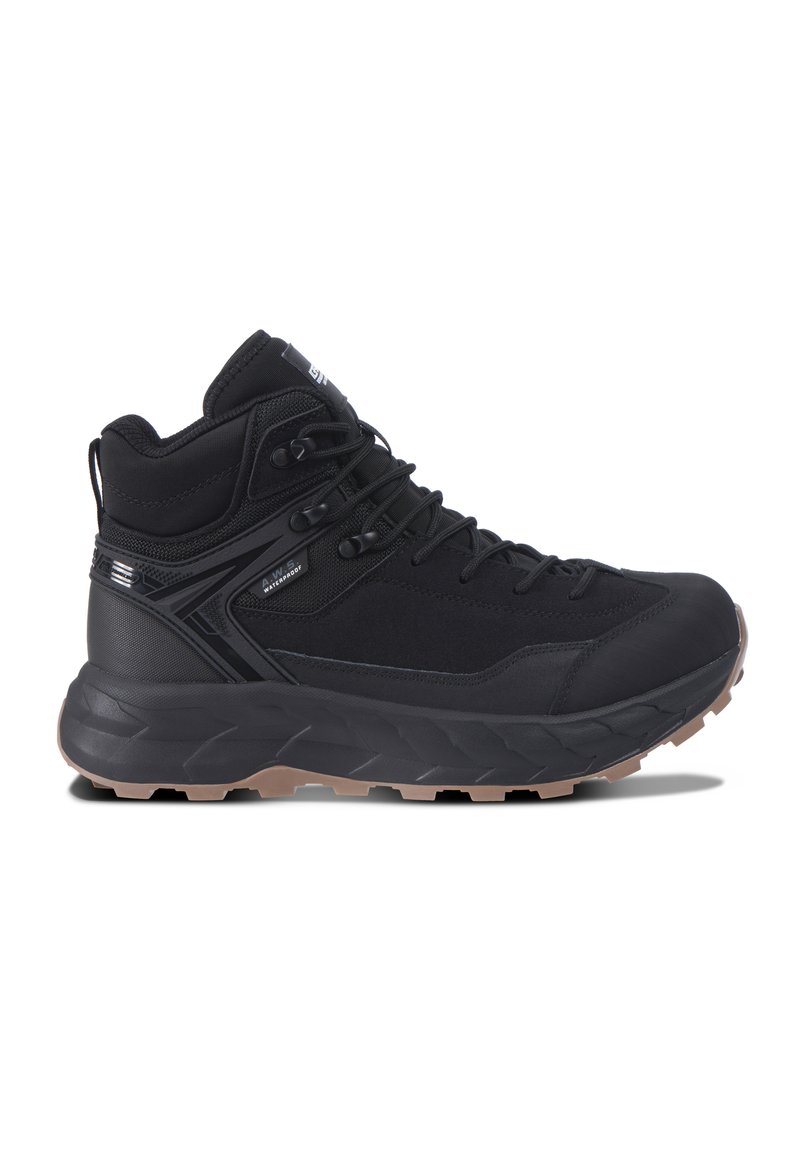 Black hiking boots with a synthetic upper, sturdy lace system, cushioned sole, and textured rubber tread for traction. Lightweight and durable.