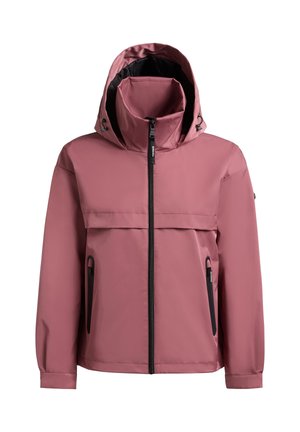 Alyvinė neperšlampama striukė su gaubtu, aukšta apykakle, priekinio užtrauktuko uždarymu ir dviem užtrauktukais užsegamomis šoninėmis kišenėmis su juodais apvadais.